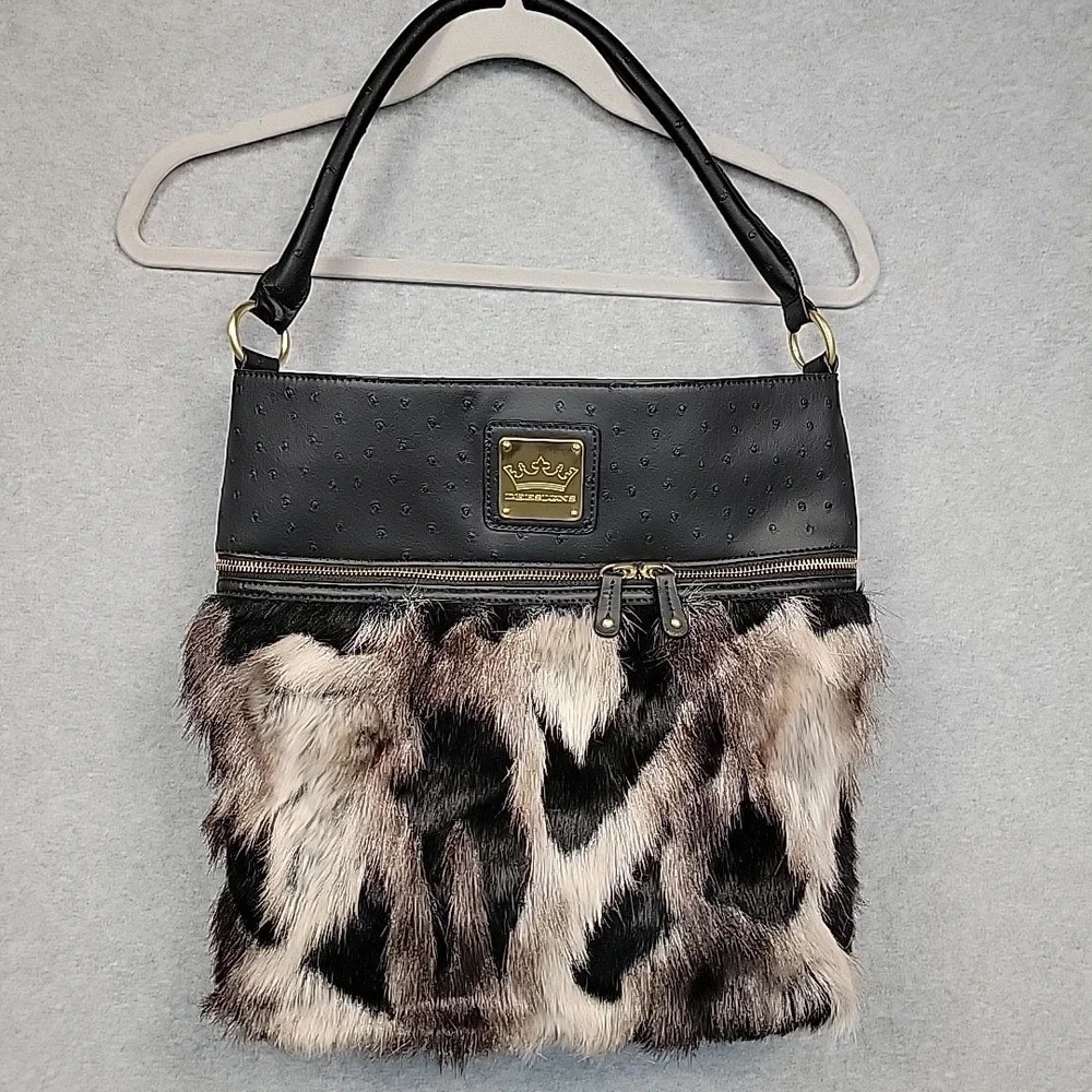 DEESIGNS Purse‎ By Ocleppo Hobo Shoulder Bag Faux Black Leather & Fur Statement